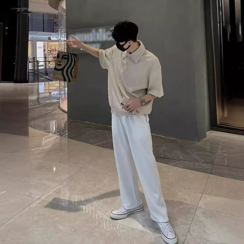 Summer Textured Polo Shirt for Men, Short Sleeve, Loose and Simple, Solid Color Printed T-Shirt Top