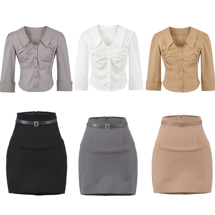 Elegant Professional White Blouse with Three-Quarter Sleeves, Slim-Fit Pleated Top, High-Waisted Pencil Skirt Set for Autumn