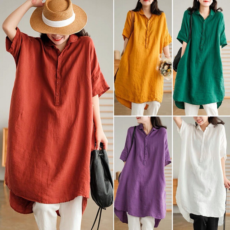 Vintage Artistic Solid Color Linen Mid-Length Shirt for Women 2026 Summer Loose Half-Sleeve Half-Open Collar Casual Shirt