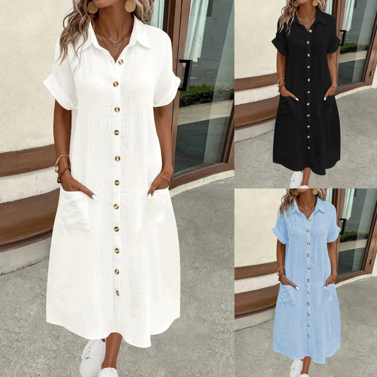 2025 AliExpress желает Amazon модный стиль лето однотонный простой V-образный вырез длинное платье женская одежда