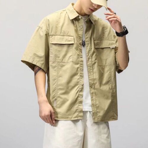 Ins trend brand functional five-pocket short-sleeve work shirt for men, Korean style loose couple casual half-sleeve military green