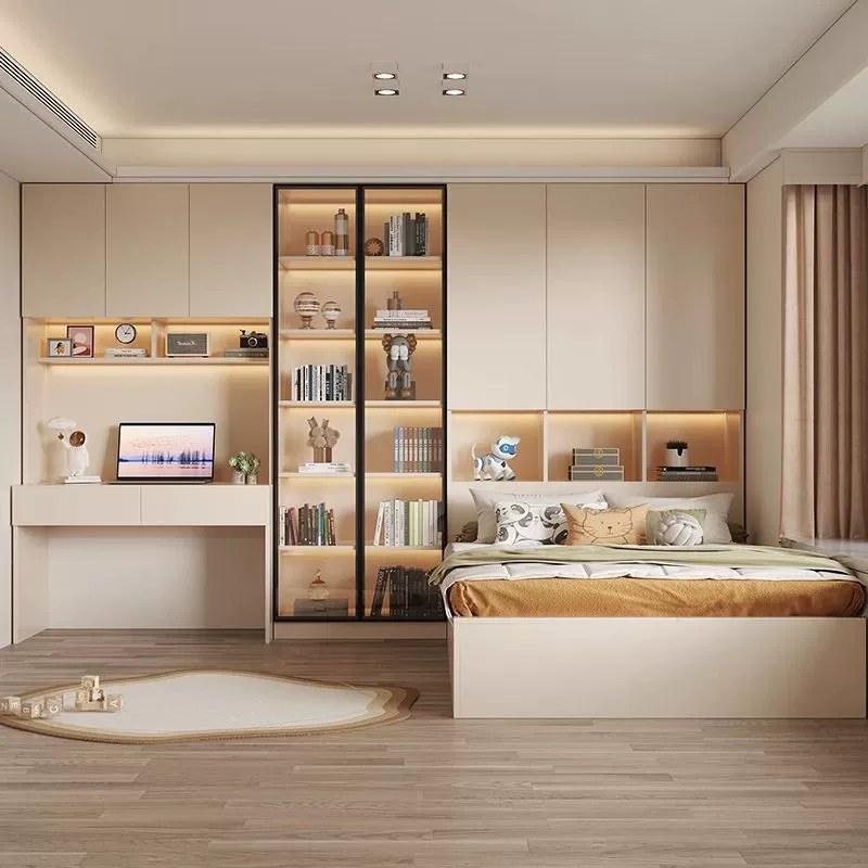 Детская кровать малого размера с татами из массива дерева, встроенный шкаф-кровать с письменным столом и гардеробной.