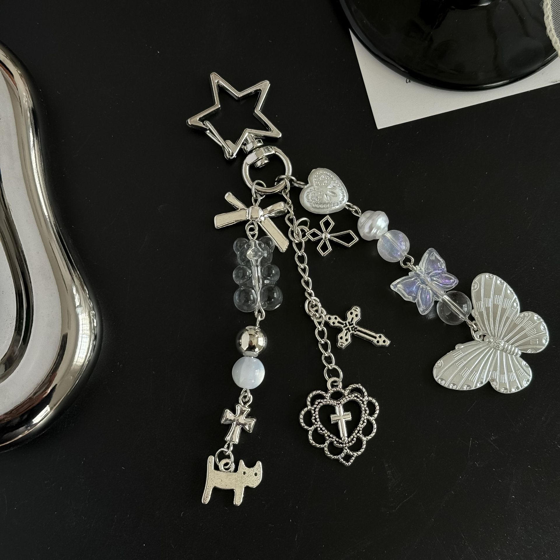 Y2K Millennium Style Butterfly Bag Pendant Personalized Mobile Phone Chain Bear Cross Beaded Pendant Keychain