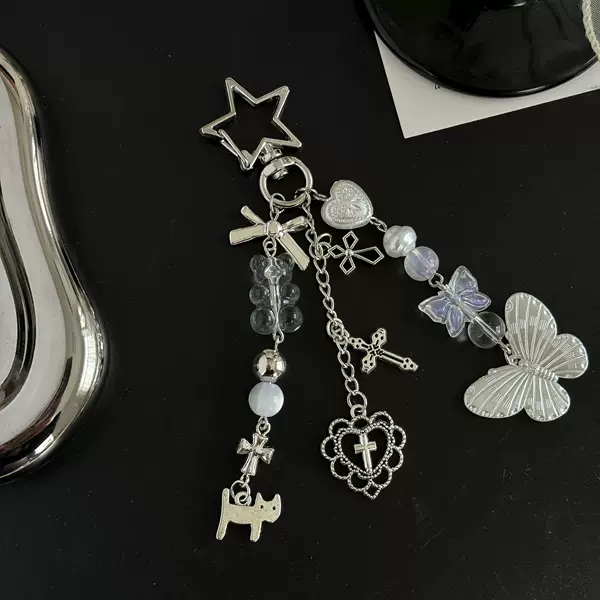 Y2K Millennium Style Butterfly Bag Pendant Personalized Mobile Phone Chain Bear Cross Beaded Pendant Keychain