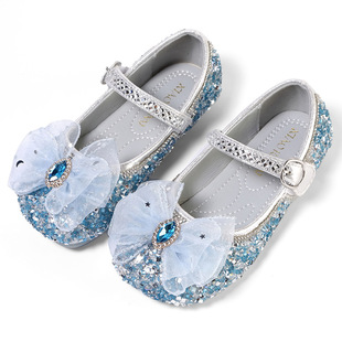 Girls Elsa Princess Shoes 2023 Spring New Children Rhinestone Sequins Crystal Shoes Little Girls Soft Sole Single Shoes