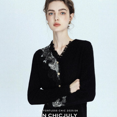 港米服饰/2025秋季女 水溶蕾丝極细羊毛打底针织开衫毛衣女