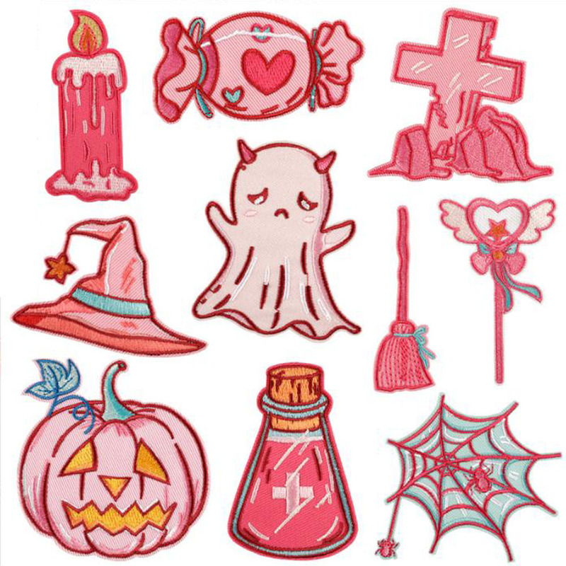 Pink Halloween Embroidery Patch Cloth Sticker Clothes Accessories Spider Web Witch Hat Tombstone Punk Badge Hole
