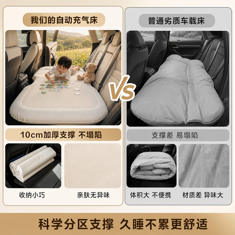 Car air mattress with air pump, foldable car rear seat sleeping pad, travel bed for SUV back seat, automatic air mattress