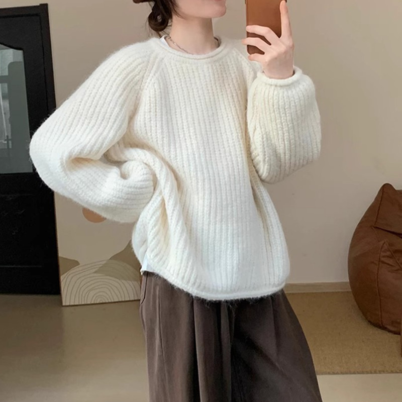 Lazy Style Curled Thick Wool Knitwear 2023 Autumn and Winter New Women's Loose Slimming Look Korean Style Round Neck Top Knitwear
