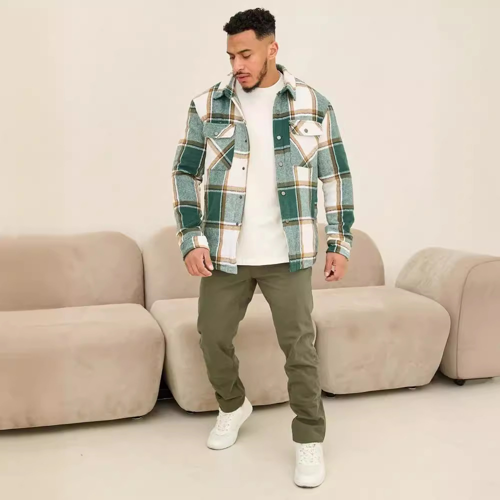 Men's Clothing flannel long sleeved lapel plus velvet warm loose fitting pocket men's jacket_voghion.com