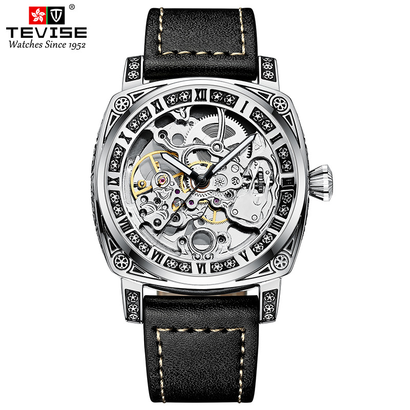 Nuevo reloj mecánico automático de los hombres cuadrados retro nacional moda tallada impresa caso moda cinturón reloj mecánico