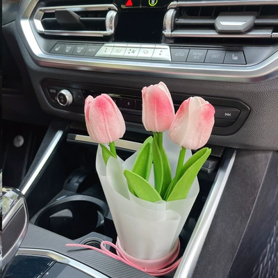 Car ornaments Tulip bouquet center console online red car simulation flower instrument panel desktop decorations cross-border (Car ornaments) - 3-white-pink-tipped-tulips-free-pink-flower-bucket