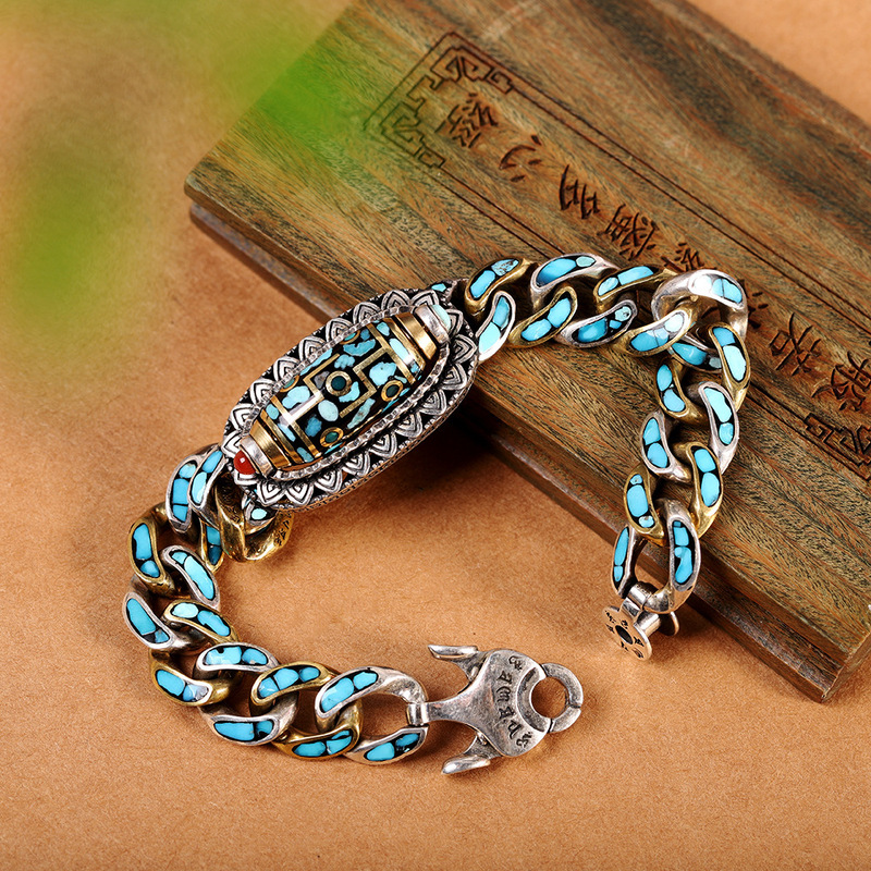 New Style Turquoise-Inlaid Nine-Eyed Dzi Bead Bracelet, Fashionable Retro Vintage Men's Bracelet New Style Turquoise-Inlaid Nine-Eyed Dzi Bead Bracelet, Fashionable Retro Vintage Men's Bracelet
