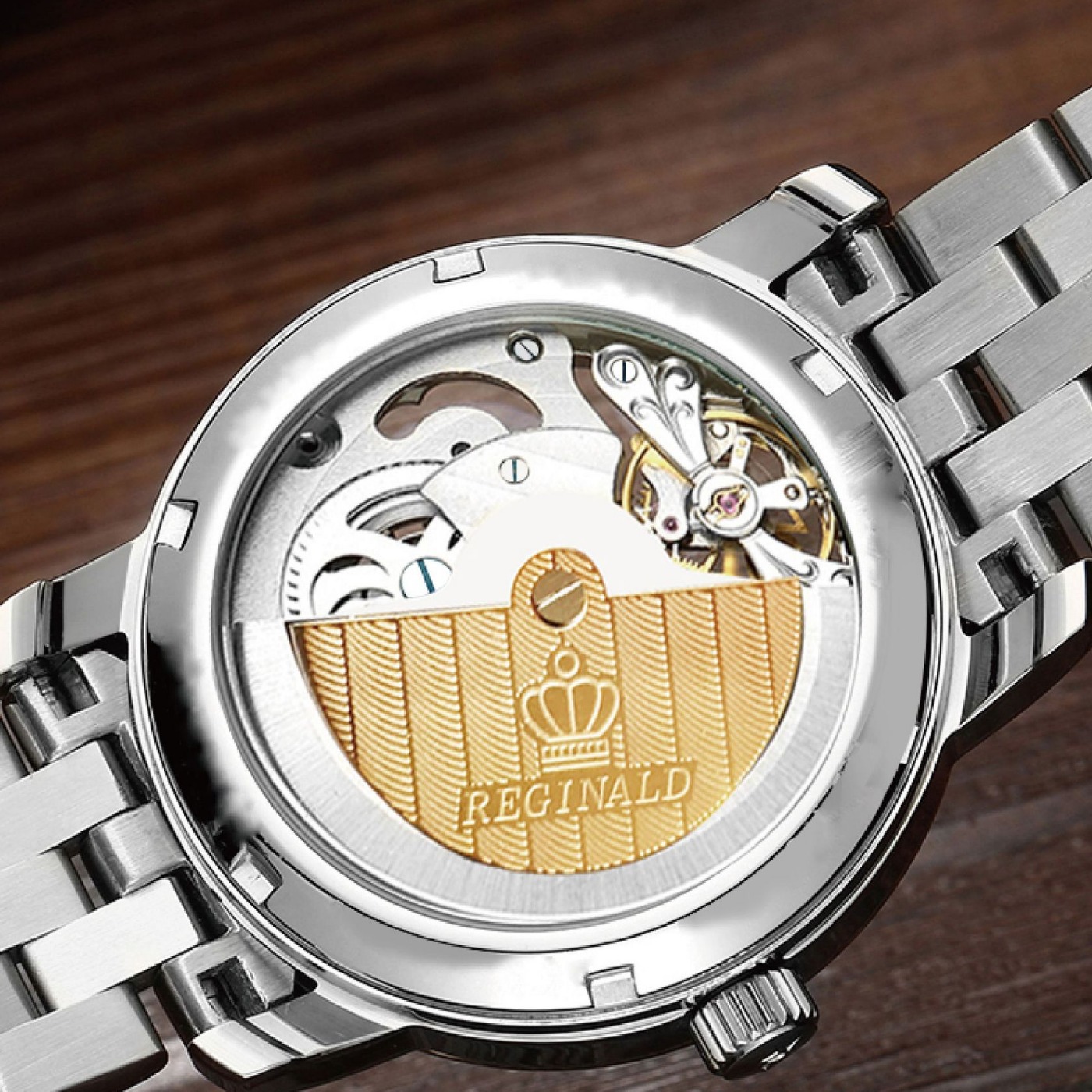 Orologio da polso meccanico automatico da uomo, impermeabile, con calendario, elegante cinturino in acciaio, quadrante con diamanti incastonati, orologio retrò color oro._voghion.com