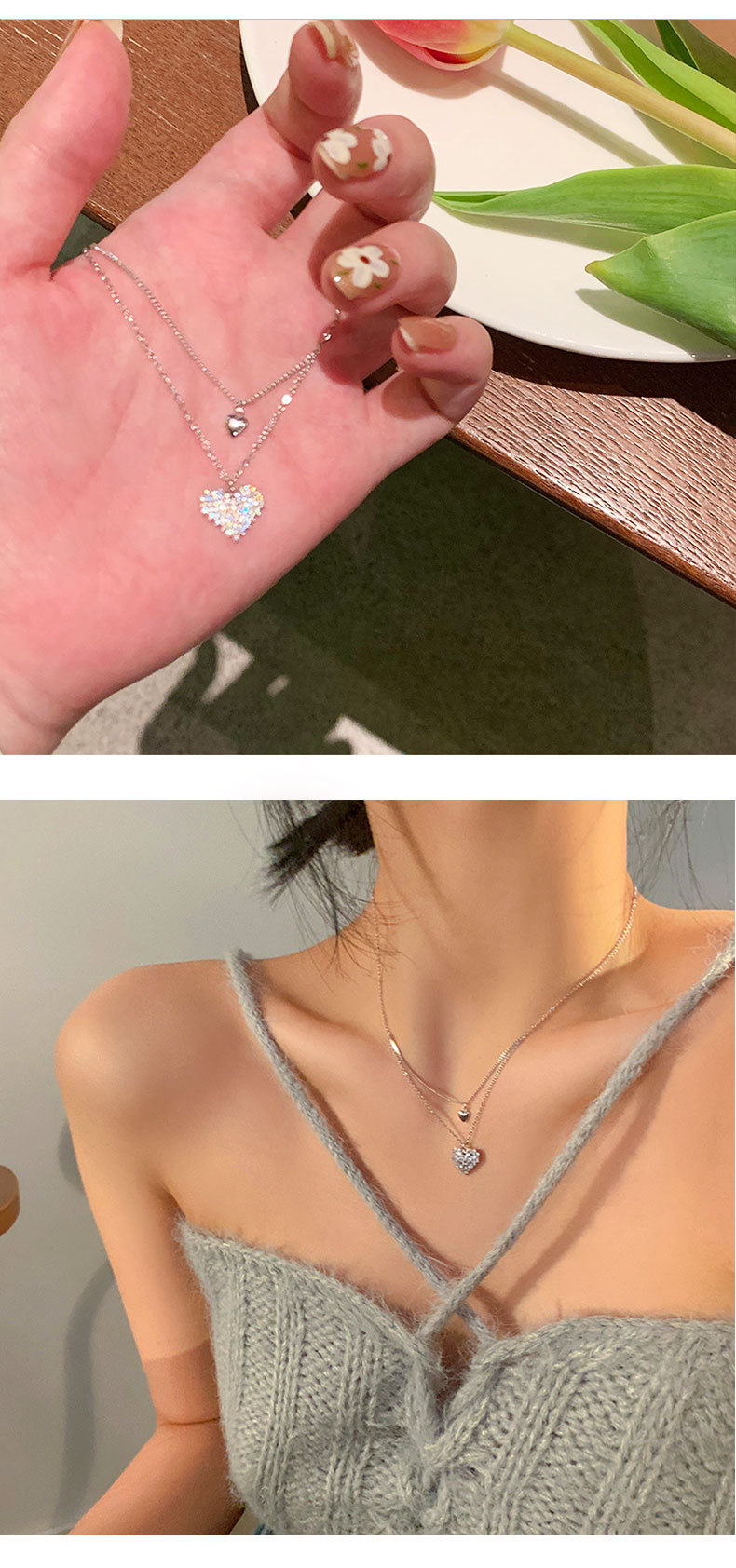 1 Piece Quantity Holiday, Shopping Occasion Ig Style Elegant Korean Style Heart Shape Copper Double Layer Necklaces
