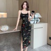 Mesh printed mid length buttock strap dress