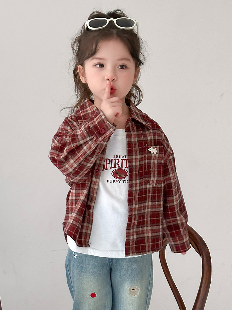 Camisas de niñas primavera y otoño 2025 nuevas camisas de niños chaqueta a cuadros chaqueta de primavera de bebés de niñas chaqueta de moda