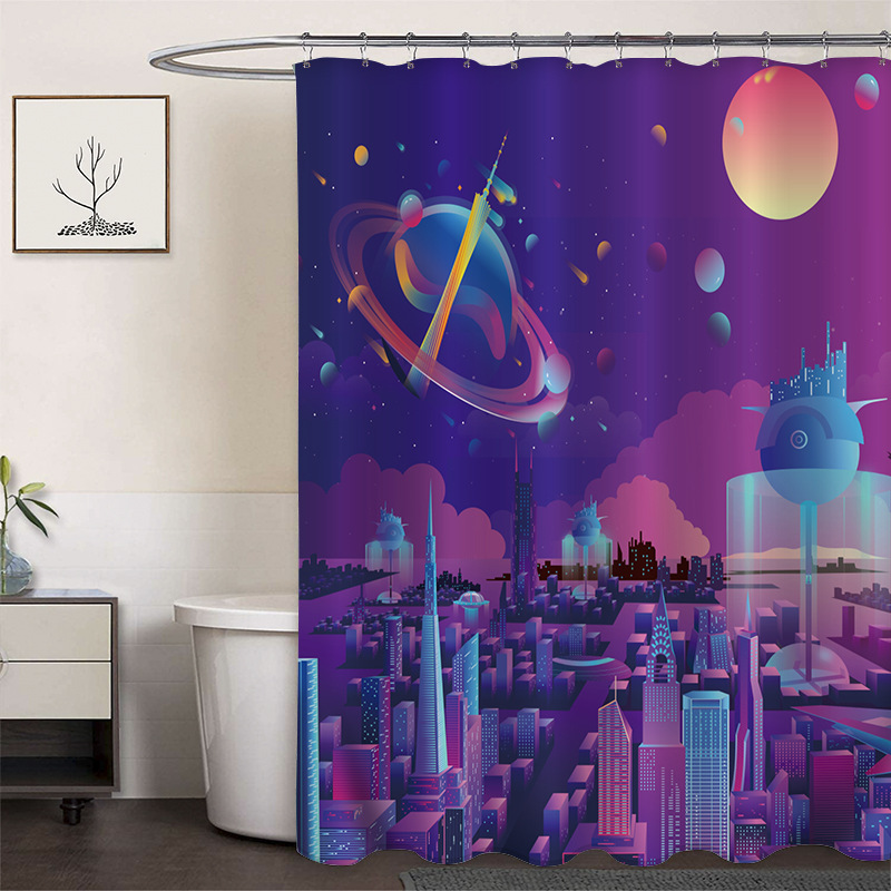 Cortina de ducha de poliéster impresa con hebilla de cortina de ducha de plástico baño cuarto de baño cortina de partición impermeable a prueba de moho