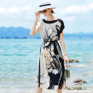Dt Chinese Style Mother's Silk Satin Printed Dress 2025 Summer New Fashion Mulberry Silk Age-Reducing Long Dress