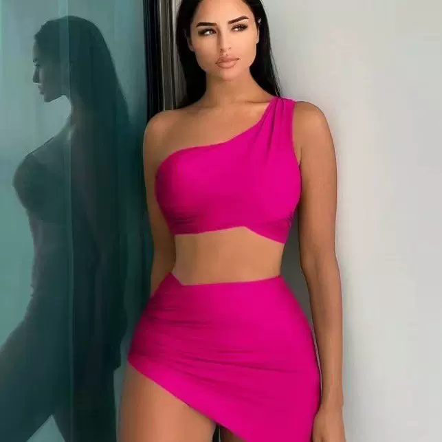 新款女士泳衣分体比基尼跨境纯色一体单肩泳衣女比基尼欧美三件套