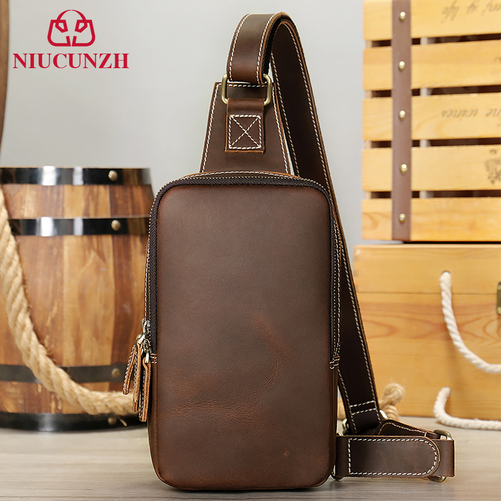 新款轻奢复古男式胸包疯马皮多功能男款单肩包头层牛皮男斜跨包潮