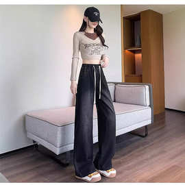 中学生大童一体绒直筒牛仔裤女秋冬大码加长高个子羊羔绒裤子特厚