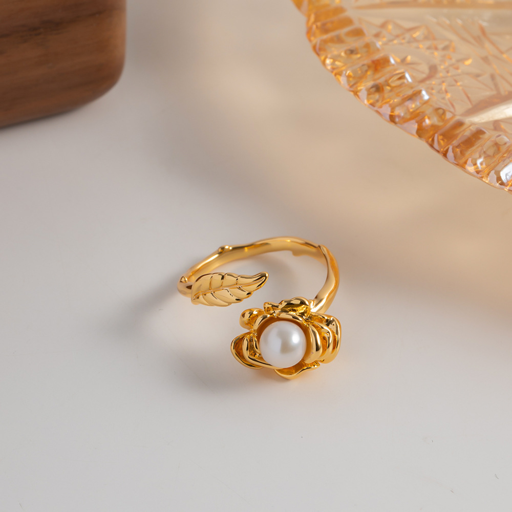 Fashion Flower Copper Plating Inlay Pearl Open Ring 1 Piece