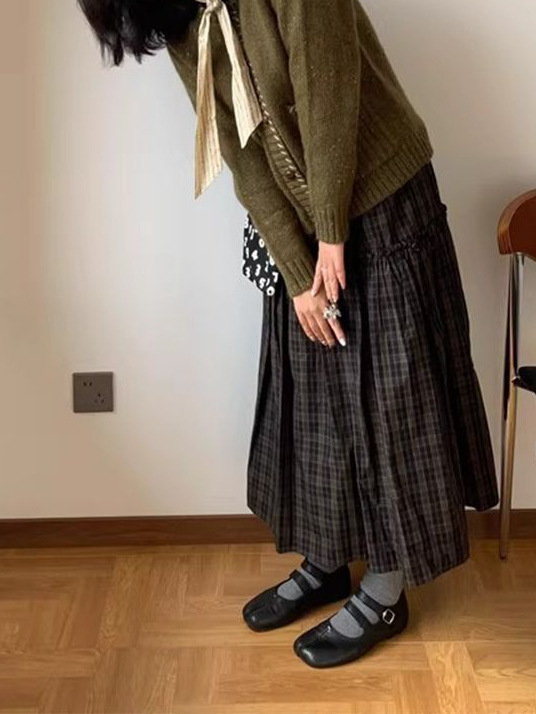 复古格纹拼接分割中长款半身裙女春秋通勤百搭松紧腰a字大摆伞裙|undefined