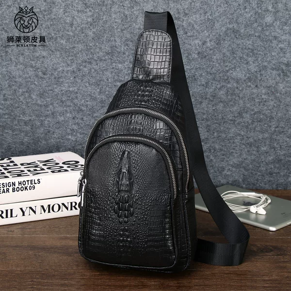 Lion Leiden Crocodile Pattern Men's Genuine Leather One-Shoulder Chest Bag Top Layer Cowhide Crossbody Bag Cross-Border Trendy Men's Front Satchel
