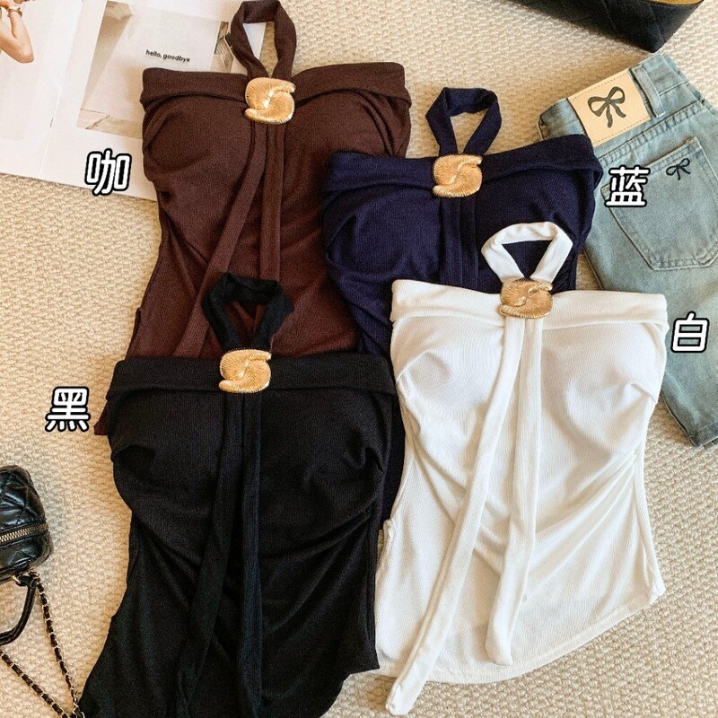 Purely Sexy Hot Girl Style High-End Metal Buckle Halter Neck Strapless Tube Top with Chest Pads Slim Fit Irregular Top Purely Sexy Hot Girl Style High-End Metal Buckle Halter Neck Strapless Tube Top with Chest Pads Slim Fit Irregular Top