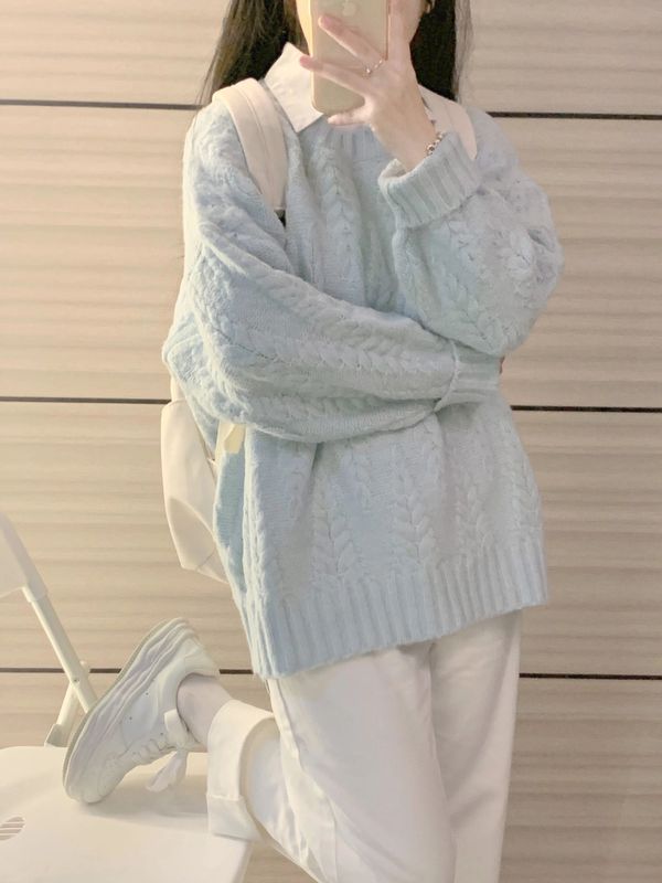 奶蓝色慵懒风麻花毛衣女秋冬2025年新款高级感内搭套头针织上衣|undefined