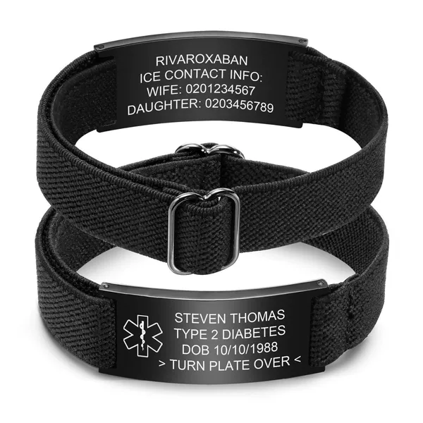 Curved Plate Engraved Bracelet, Stainless Steel Electroplated Black Curved Plate Laser Engraved Woven Bracelet, Curved Plate Medical Information Bracelet