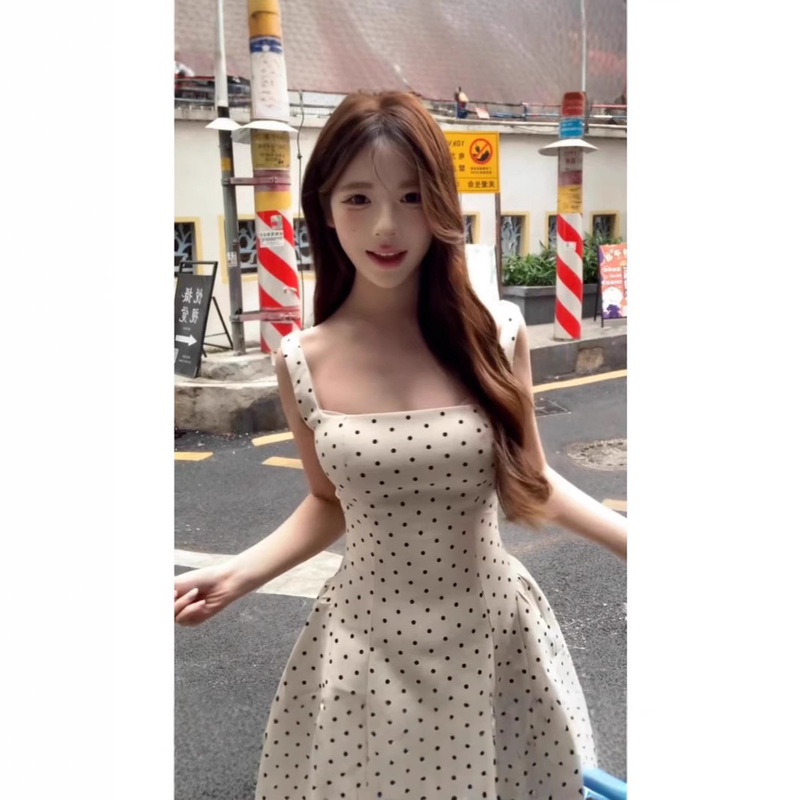 French Square Neck White Polka Dot Sling dress 2025 Summer New High-end Slim-fit Waist A- shaped Dress