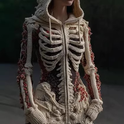 New Cross-Border Amazon European and American Retro Digital Print Skull Zipper Jacket Hooded Imitation Knitted Sweater New Cross-Border Amazon European and American Retro Digital Print Skull Zipper Jacket Hooded Imitation Knitted Sweater