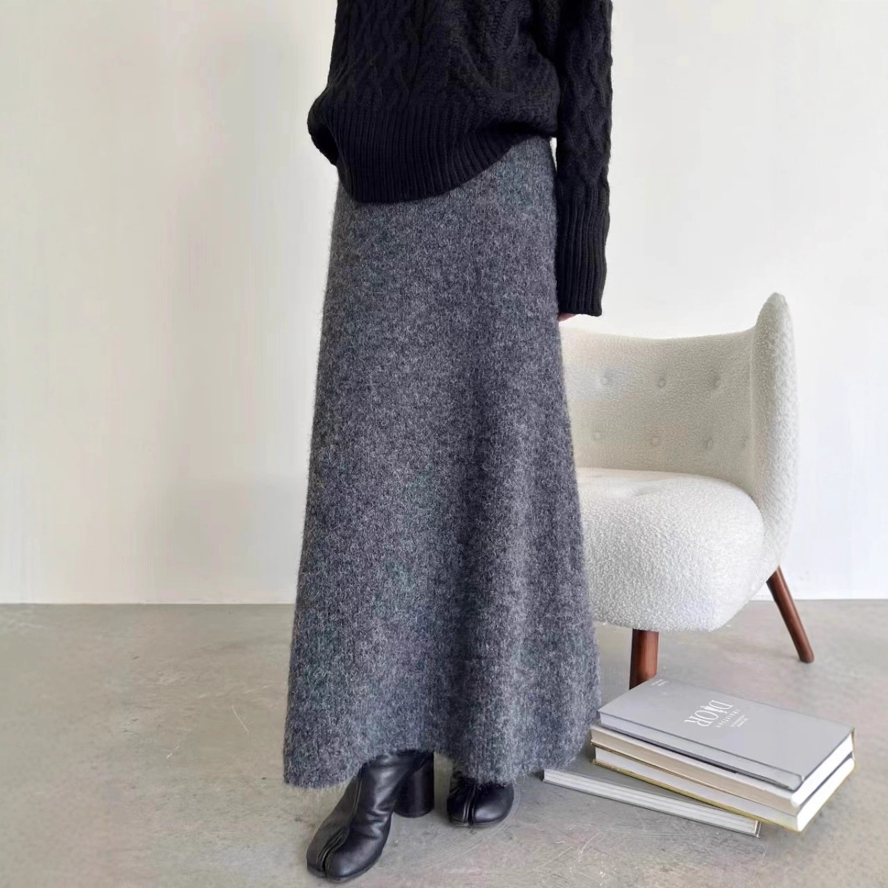 羊绒保暖针织毛呢半身裙女秋冬新款灰色修身显瘦直筒拖地大摆长裙
