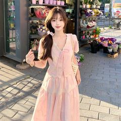 法式甜美温柔风粉色v领短袖上衣女学生搭配高腰显瘦半身裙两件套