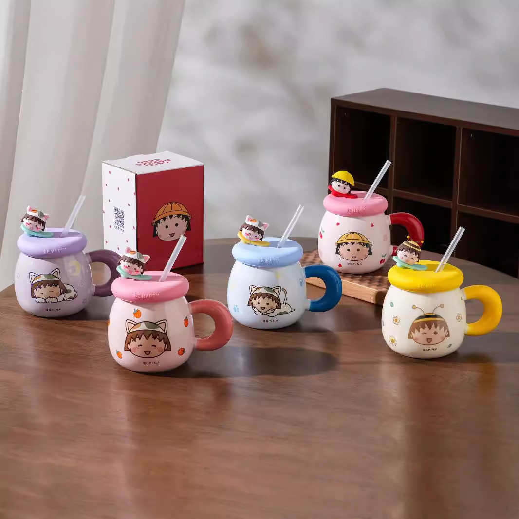 Taza de pajita de bolas de cereza Taza de cerámica para el hogar Memoria de la infancia Taza de agua para niños Taza de bebé familiar