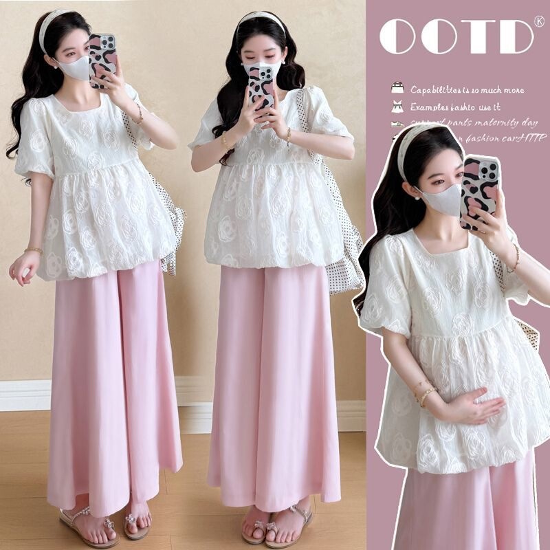 2026 Plus-Size Maternity Wear, New Summer Style Korean Fashion Jacquard Top + Pink Belly-Supporting Wide-Leg Pants and Skirt Set 2026 Plus-Size Maternity Wear, New Summer Style Korean Fashion Jacquard Top + Pink Belly-Supporting Wide-Leg Pants and Skirt Set