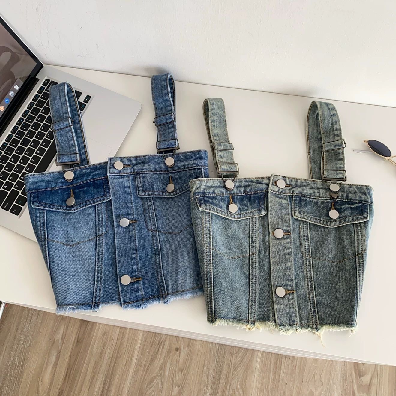 Girls' Summer New Denim Tank Top 2027 Korean Style Single-breasted Adjustable Short Cropped Show-off Waist Fleece Tank Top