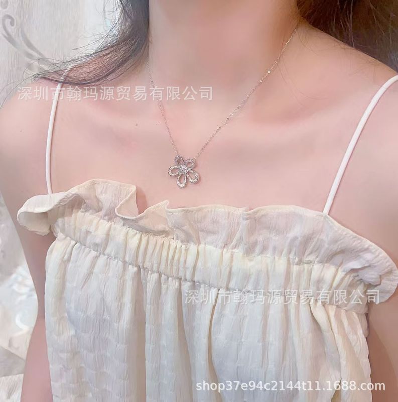 s925纯银高版本CNC扣五叶大花朵满钻项链女轻奢百搭太阳花锁骨链|undefined