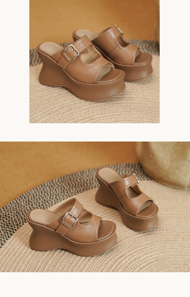 Sandal hở mũi nữ đế xuồng cao gót 9 cm quai ngang khóa móc da bò — màu nâu chi tiết 6