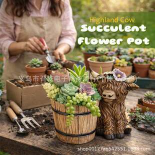 Adorable Ceramic Highland Cow with Wooden Barrel Planter f