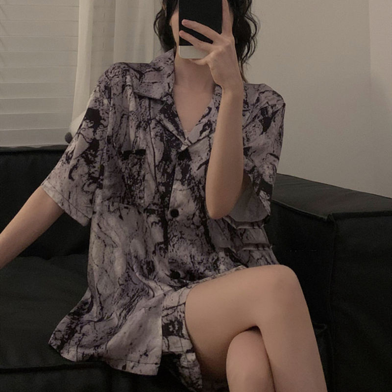 여성을위한 반팔 얼음 실크 잠옷 여름 가정 의류 새로운 중국 스타일 잠옷 대외 무역 국경 간 생방송 세트