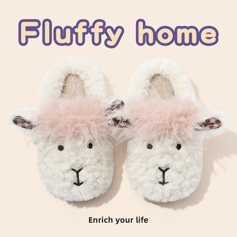 Cartoon alpaca cotton slippers for women, autumn and winter indoor home plush warm non-slip soft-soled cute home cotton slippers wholesale