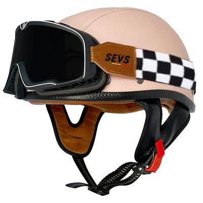 certification retro helmet men's and, Motosiklet kaskı (dəbilqə) - pink-flat-leather-helmet-mic-large-frame-goggles-m
