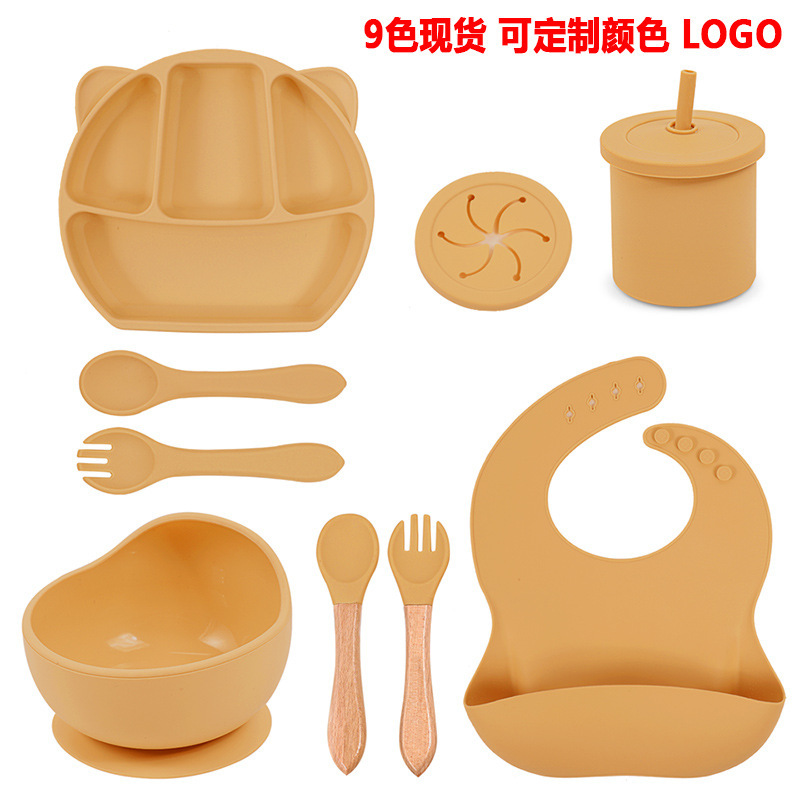 Panda Silicone Dinner Plate 8-Piece Set Silicone Children's Tableware Supplementary Food Suction Plate Bowl Baby's Drinking Cup Eating Training Spoon