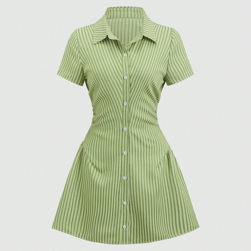 2026 Summer New Striped Shirt Dress for Women, Short Sleeve with Lapel, Waist-Cinching A-Line, Slimming, Elegant Commute Short Dress 2026 Summer New Striped Shirt Dress for Women, Short Sleeve with Lapel, Waist-Cinching A-Line, Slimming, Elegant Commute Short Dress