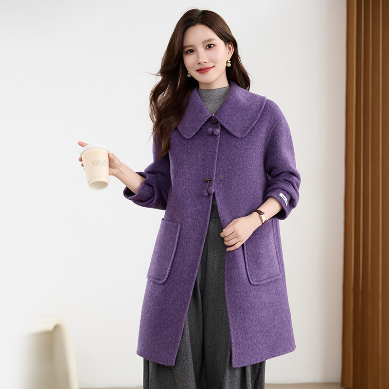 Short, double-sided wool coat for women, perfect for autumn and winter, suitable for petite women, loose fit, Peter Pan collar.