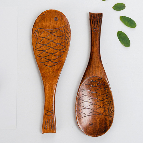 Internet celebrity creative hand-carved spoon dry rice tableware Japanese-style rice shovel lotus wood fish-shaped rice spoon tail with lanyard hole
