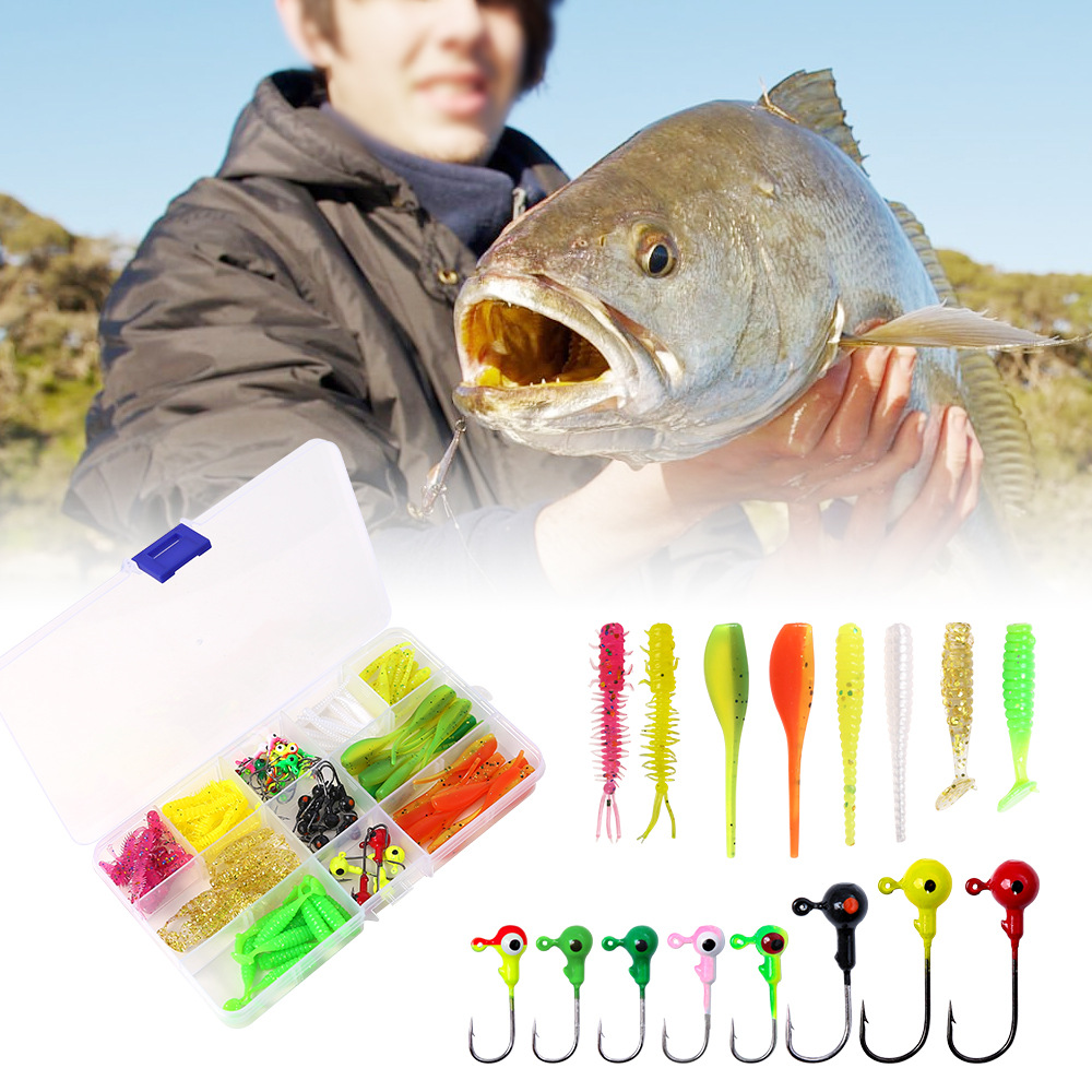 115pcs/盒铅头钩T尾软虫路亚垂钓翘嘴白条鳜鱼马口钓鱼渔具套装盒